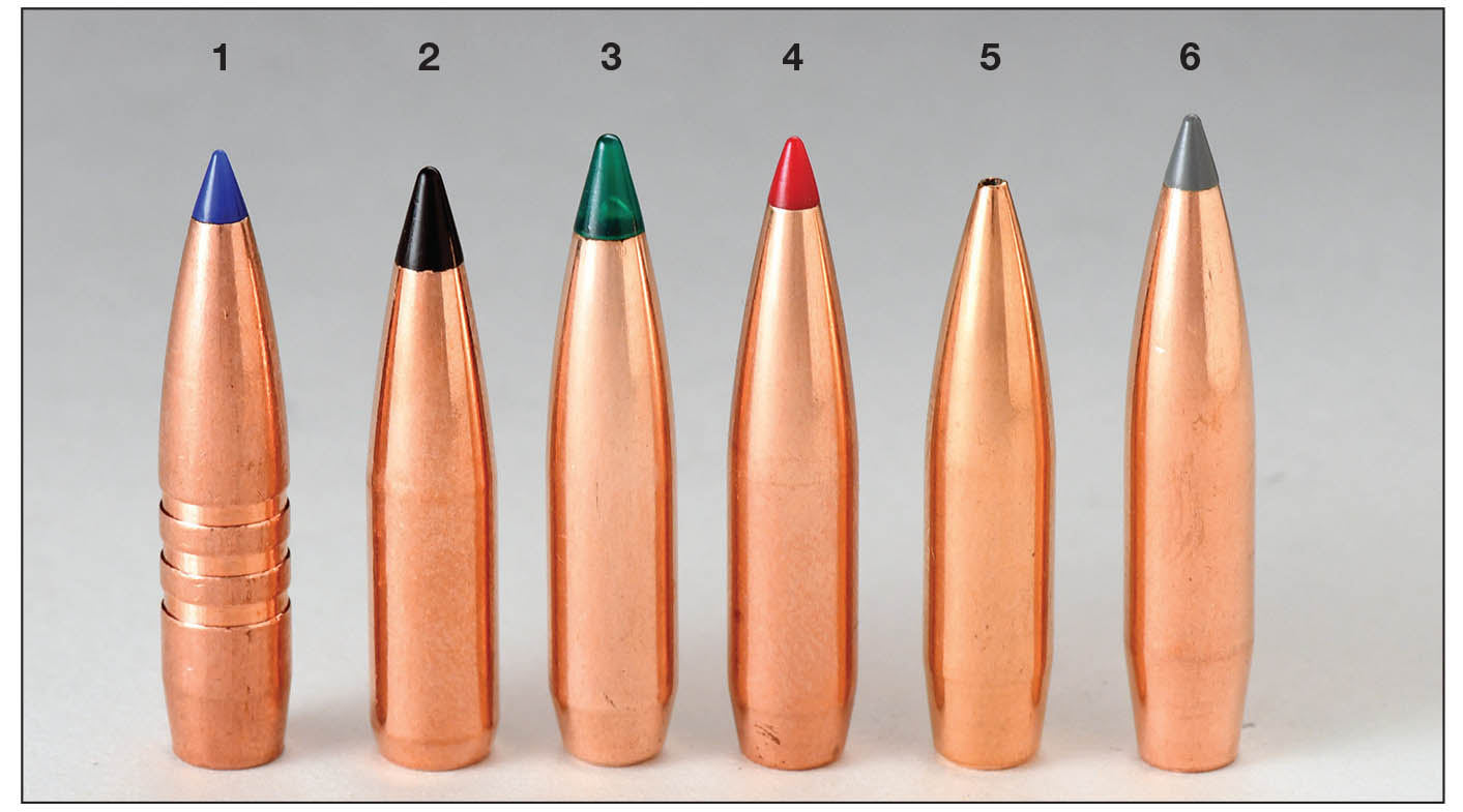 The current focus is on making boat-tail bullets with high ballistic coefficients for long-range shooting. These .277-inch diameter bullets include the (1) Barnes 129-grain LRX, (2) Swift 130 Scirocco II, (3) Sierra 140 GameChanger TGK, (4) Hornady 145 ELD-X, (5) Berger 150 VLD and the (6) Nosler 150-grain AccuBond LR.